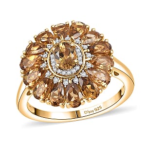 D'Joy Premium Golden Turkizite and White Zircon 3.80 ctw Sunflower Ring in 18K Vermeil YG and Rhodium Over Sterling Silver (Size 10.0)