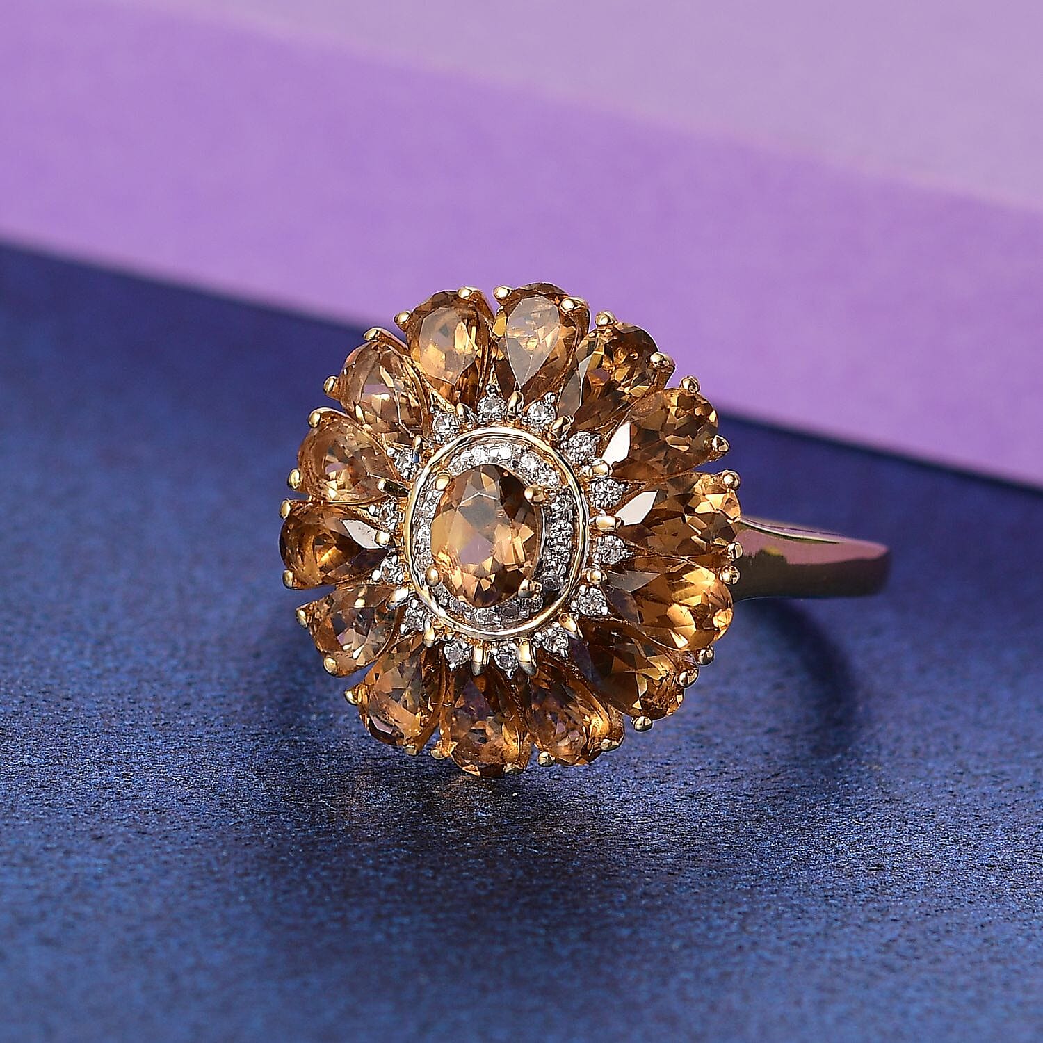 D'Joy Premium Golden Turkizite and White Zircon 3.80 ctw Sunflower Ring in 18K Vermeil YG and Rhodium Over Sterling Silver (Size 10.0)