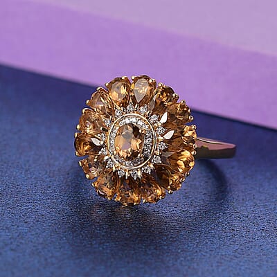 D'Joy Premium Golden Turkizite and White Zircon 3.80 ctw Sunflower Ring in 18K Vermeil YG and Rhodium Over Sterling Silver (Size 10.0)