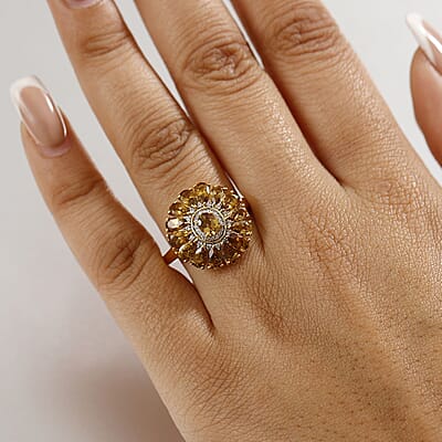 D'Joy Premium Golden Turkizite and White Zircon 3.80 ctw Sunflower Ring in 18K Vermeil YG and Rhodium Over Sterling Silver (Size 10.0)