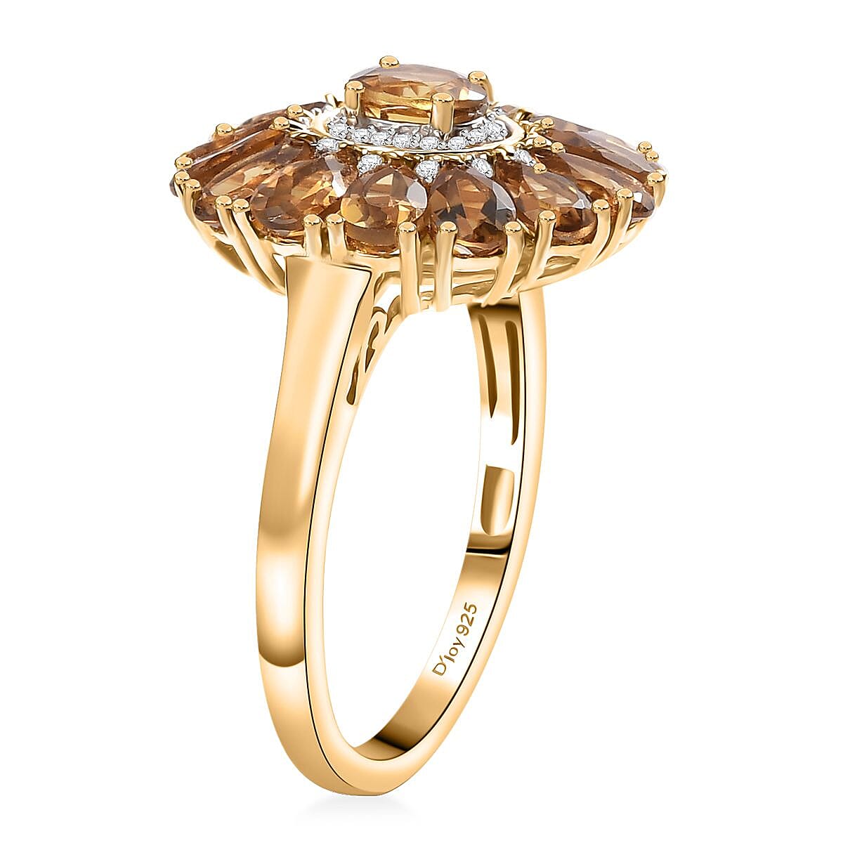 D'Joy Premium Golden Turkizite and White Zircon 3.80 ctw Sunflower Ring in 18K Vermeil YG and Rhodium Over Sterling Silver (Size 10.0) image number 3