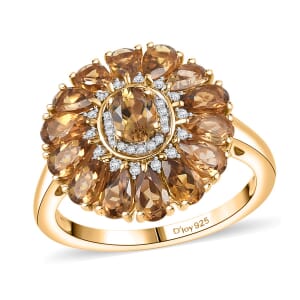 D'Joy Premium Golden Turkizite and White Zircon 3.80 ctw Sunflower Ring in 18K Vermeil YG and Rhodium Over Sterling Silver (Size 9.0)