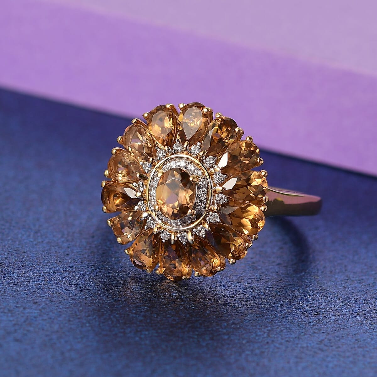 D'Joy Premium Golden Turkizite and White Zircon 3.80 ctw Sunflower Ring in 18K Vermeil YG and Rhodium Over Sterling Silver (Size 9.0) image number 1