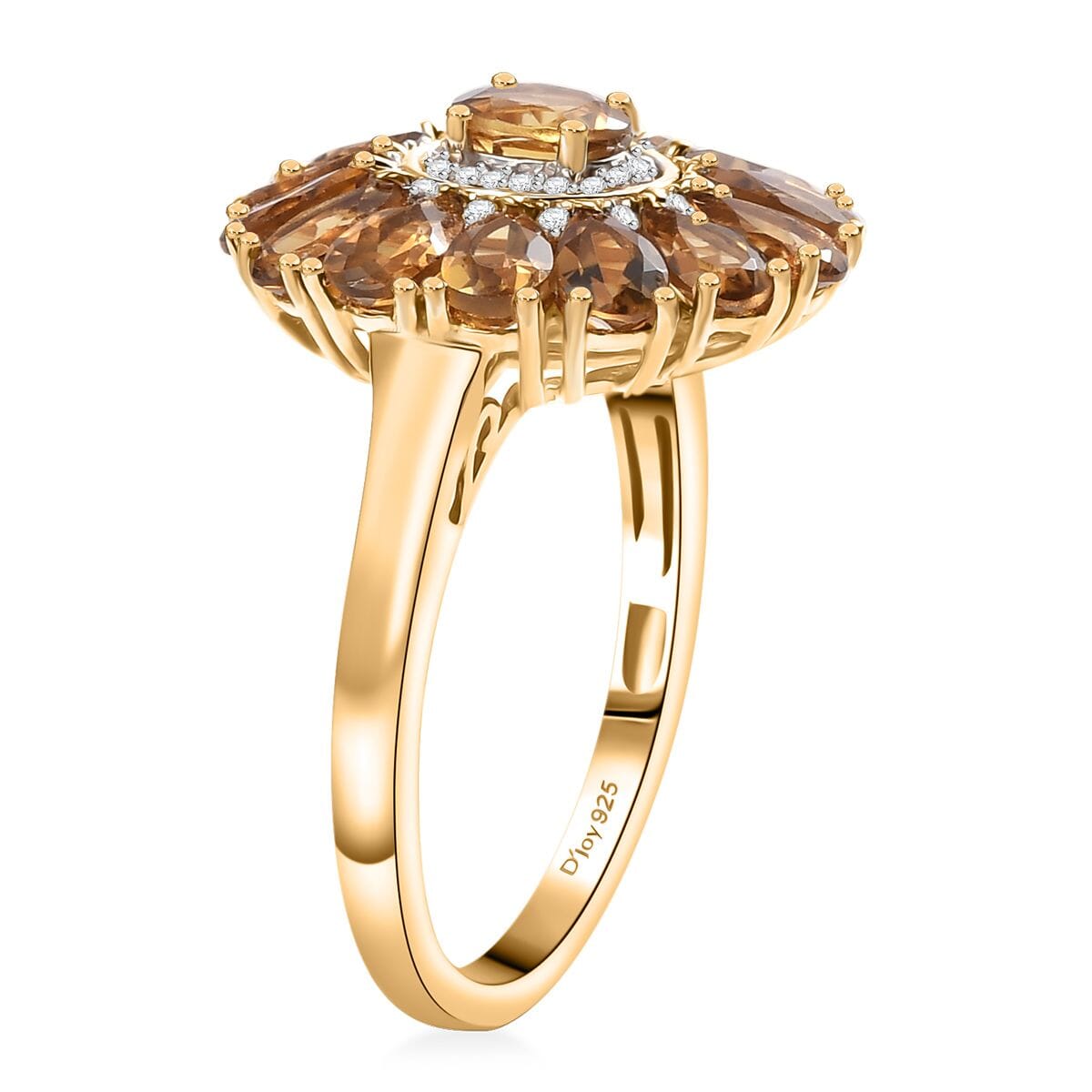 D'Joy Premium Golden Turkizite and White Zircon 3.80 ctw Sunflower Ring in 18K Vermeil YG and Rhodium Over Sterling Silver (Size 9.0) image number 3