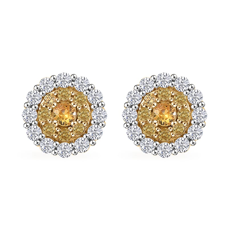 D'Joy Madagascar Yellow Sapphire and White Zircon 1.80 ctw Double Halo Earrings in 18K Vermeil YG and Rhodium Over Sterling Silver