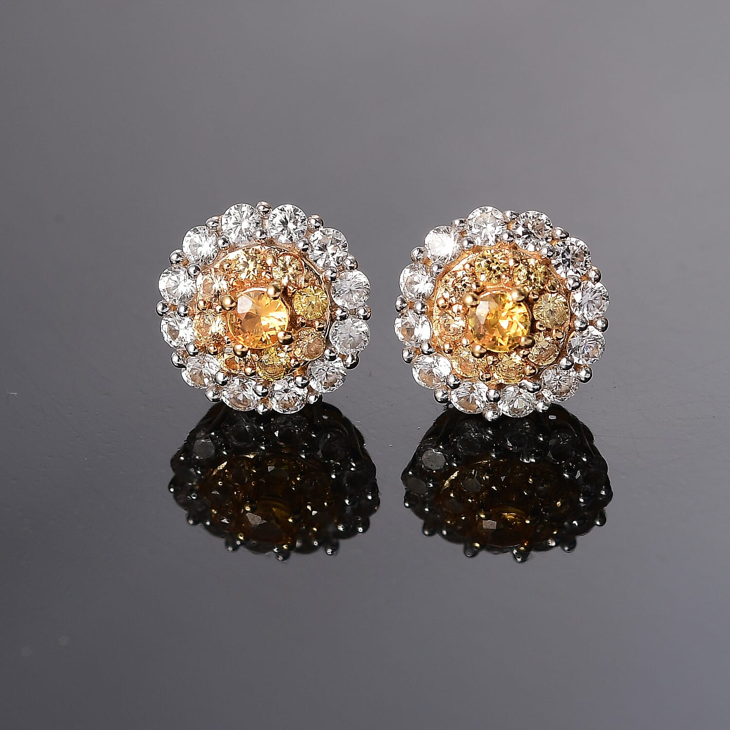 D'Joy Madagascar Yellow Sapphire and White Zircon 1.80 ctw Double Halo Earrings in 18K Vermeil YG and Rhodium Over Sterling Silver