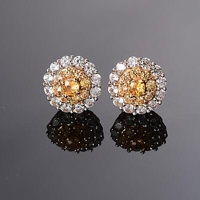 D'Joy Madagascar Yellow Sapphire and White Zircon 1.80 ctw Double Halo Earrings in 18K Vermeil YG and Rhodium Over Sterling Silver