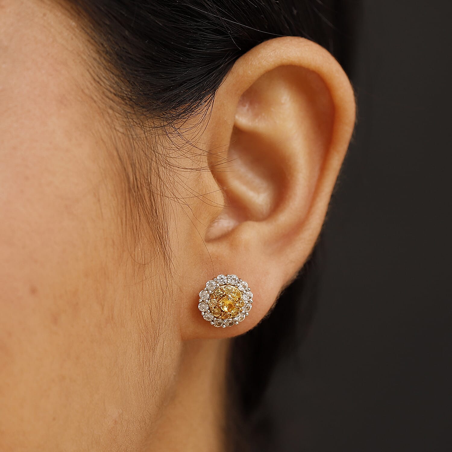 D'Joy Madagascar Yellow Sapphire and White Zircon 1.80 ctw Double Halo Earrings in 18K Vermeil YG and Rhodium Over Sterling Silver