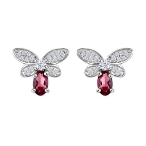 Luxuriant Bixbite (LG) and White Zircon 0.70 ctw Butterfly Earrings in Rhodium Over Sterling Silver