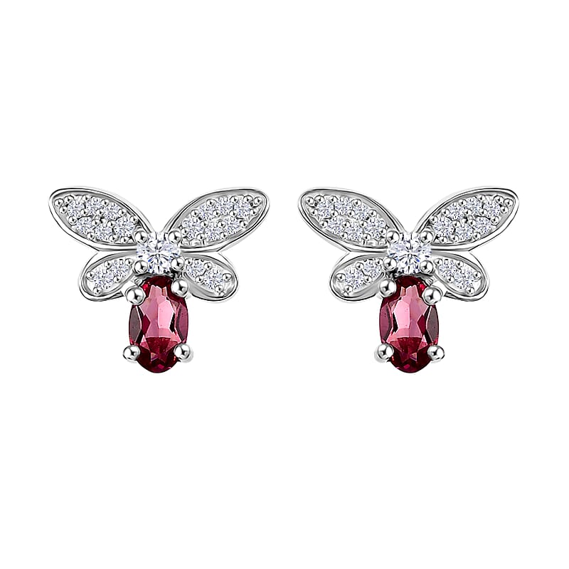 Luxuriant Bixbite (LG) and White Zircon 0.70 ctw Butterfly Earrings in Rhodium Over Sterling Silver