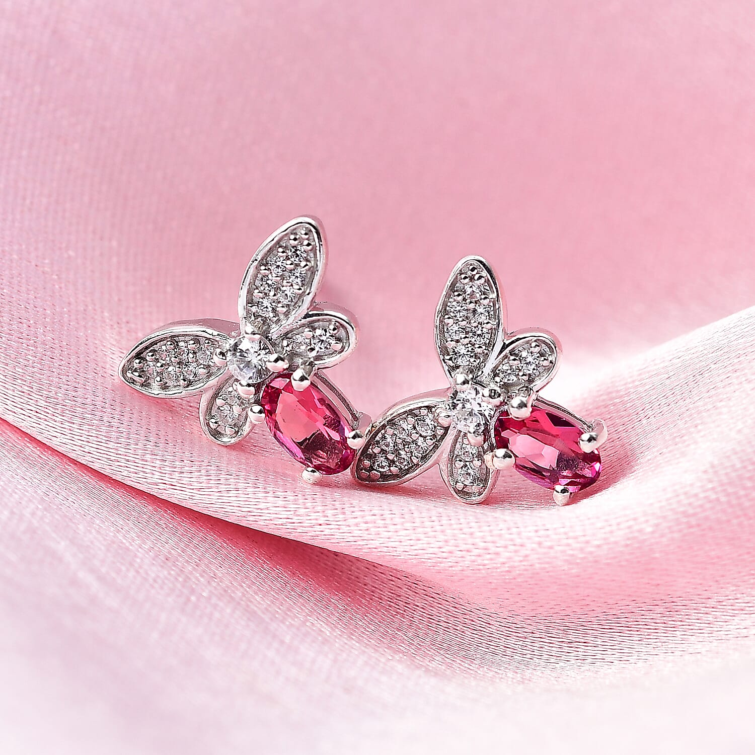 Luxuriant Bixbite (LG) and White Zircon 0.70 ctw Butterfly Earrings in Rhodium Over Sterling Silver