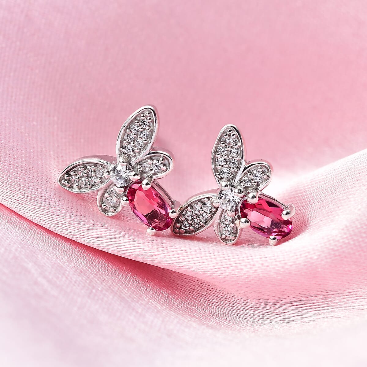 Luxuriant Bixbite (LG) and White Zircon 0.70 ctw Butterfly Earrings in Rhodium Over Sterling Silver image number 1