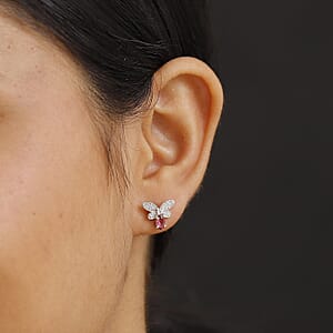 Luxuriant Bixbite (LG) and White Zircon 0.70 ctw Butterfly Earrings in Rhodium Over Sterling Silver