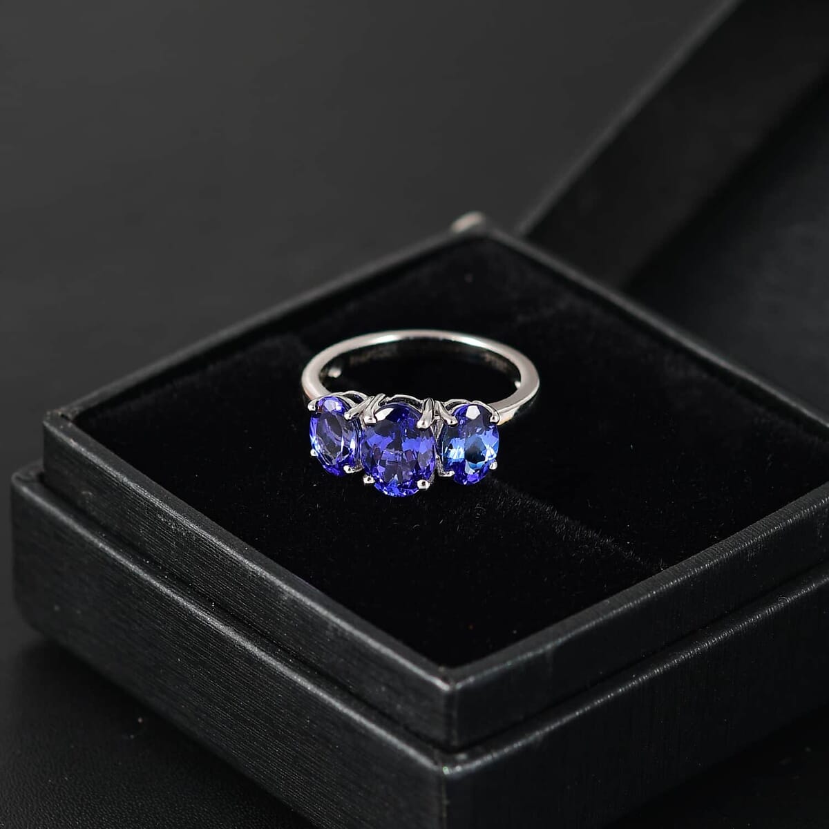 Certified & Appraised Rhapsody AAAA Tanzanite 3.26 ctw 3 Stone Ring in 950 Platinum (Size 7.5) 5.20 Grams image number 1