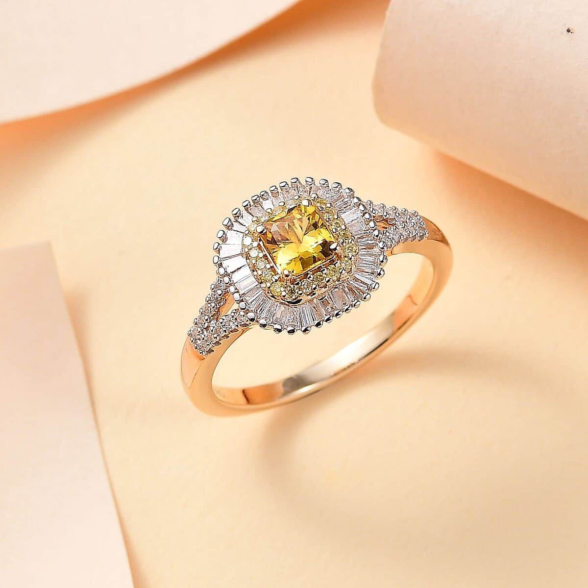 Certified & Appraised Luxoro AAA Pukhraj Yellow Sapphire, I2 White and Yellow Diamond 1.31 ctw Double Halo Ring in 14K Yellow Gold (Size 8.5) 4.15 Grams image number 1