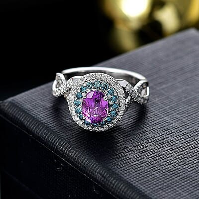 Certified & Appraised Luxoro AAA Lavender Sapphire, Blue and I2 White Diamond 2.00 ctw Ring in 14K White Gold (Size 11.0) 4.80 Grams