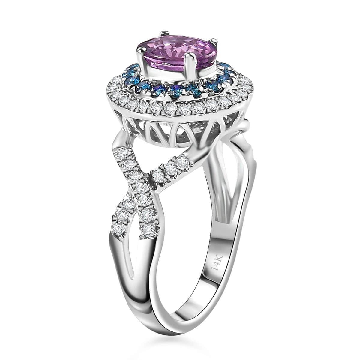 Certified & Appraised Luxoro AAA Lavender Sapphire, Blue and I2 White Diamond 2.00 ctw Ring in 14K White Gold (Size 11.0) 4.80 Grams image number 3