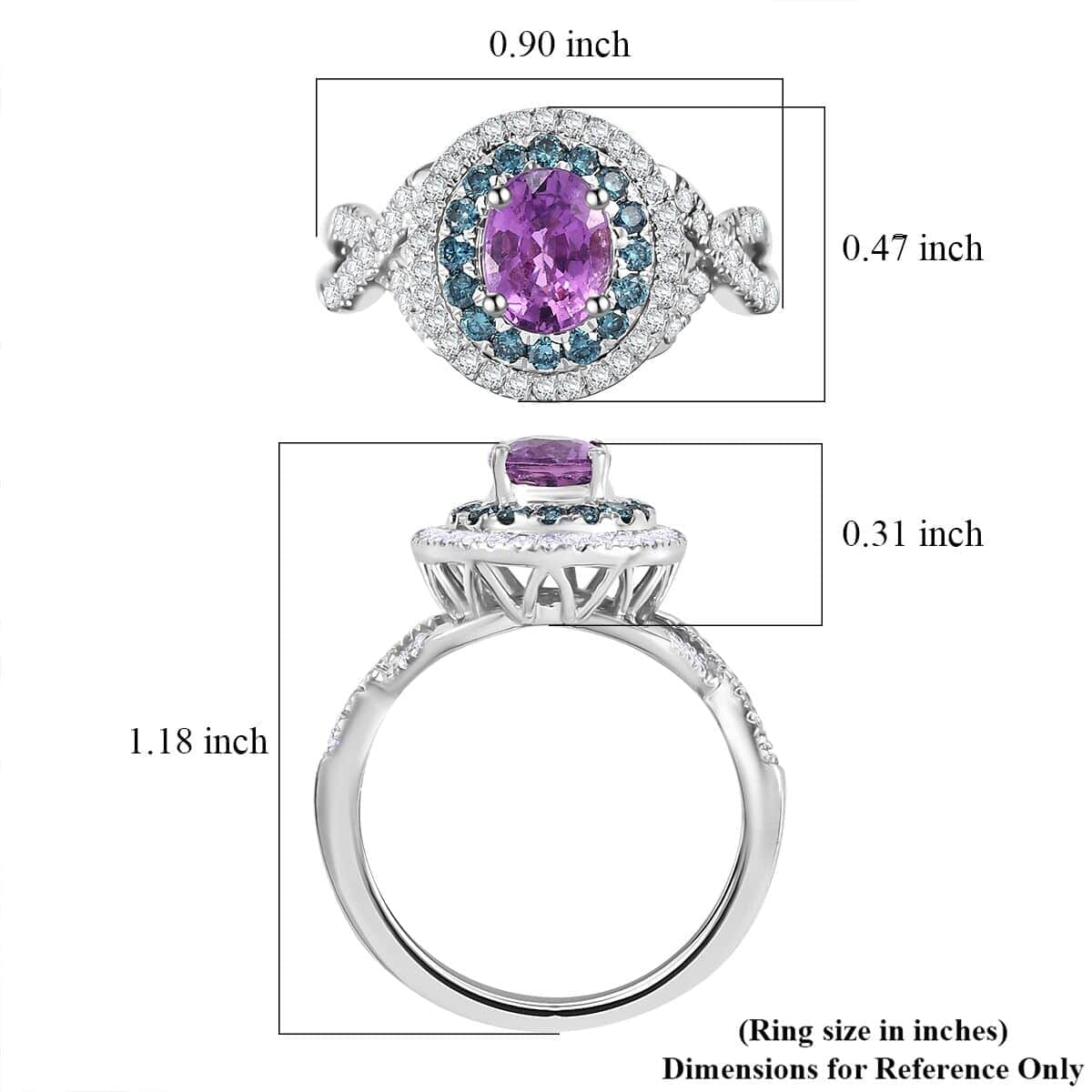 Certified & Appraised Luxoro AAA Lavender Sapphire, Blue and I2 White Diamond 2.00 ctw Ring in 14K White Gold (Size 11.0) 4.80 Grams image number 5