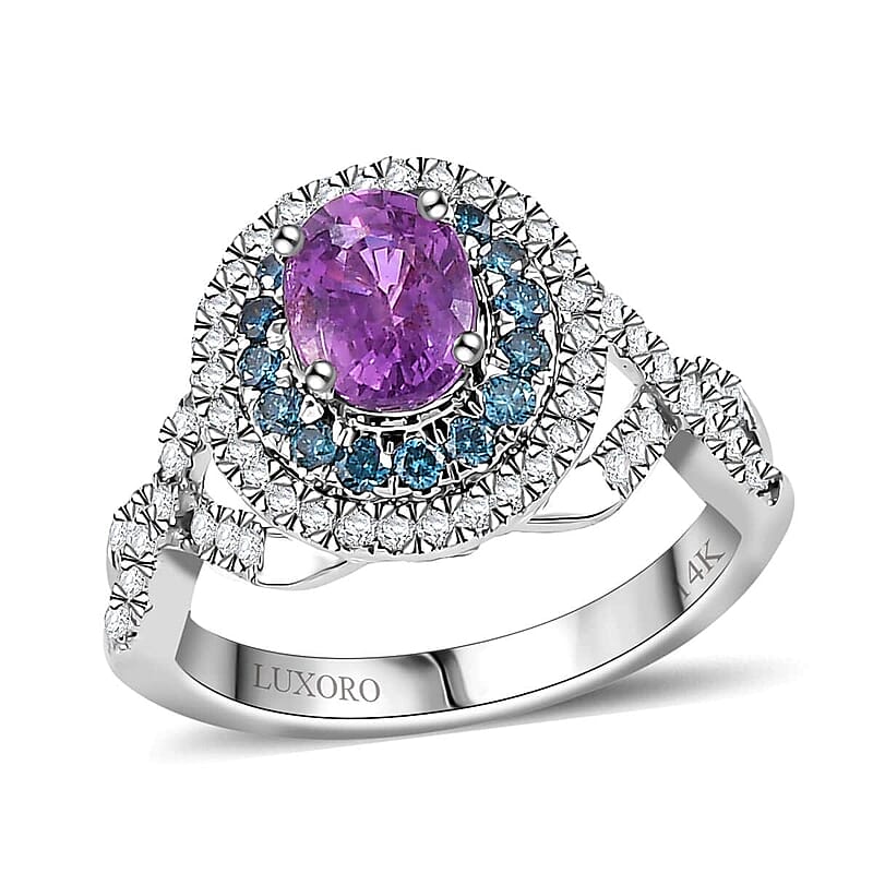 Certified & Appraised Luxoro AAA Lavender Sapphire, Blue and I2 White Diamond 2.00 ctw Ring in 14K White Gold (Size 12.0) 4.80 Grams