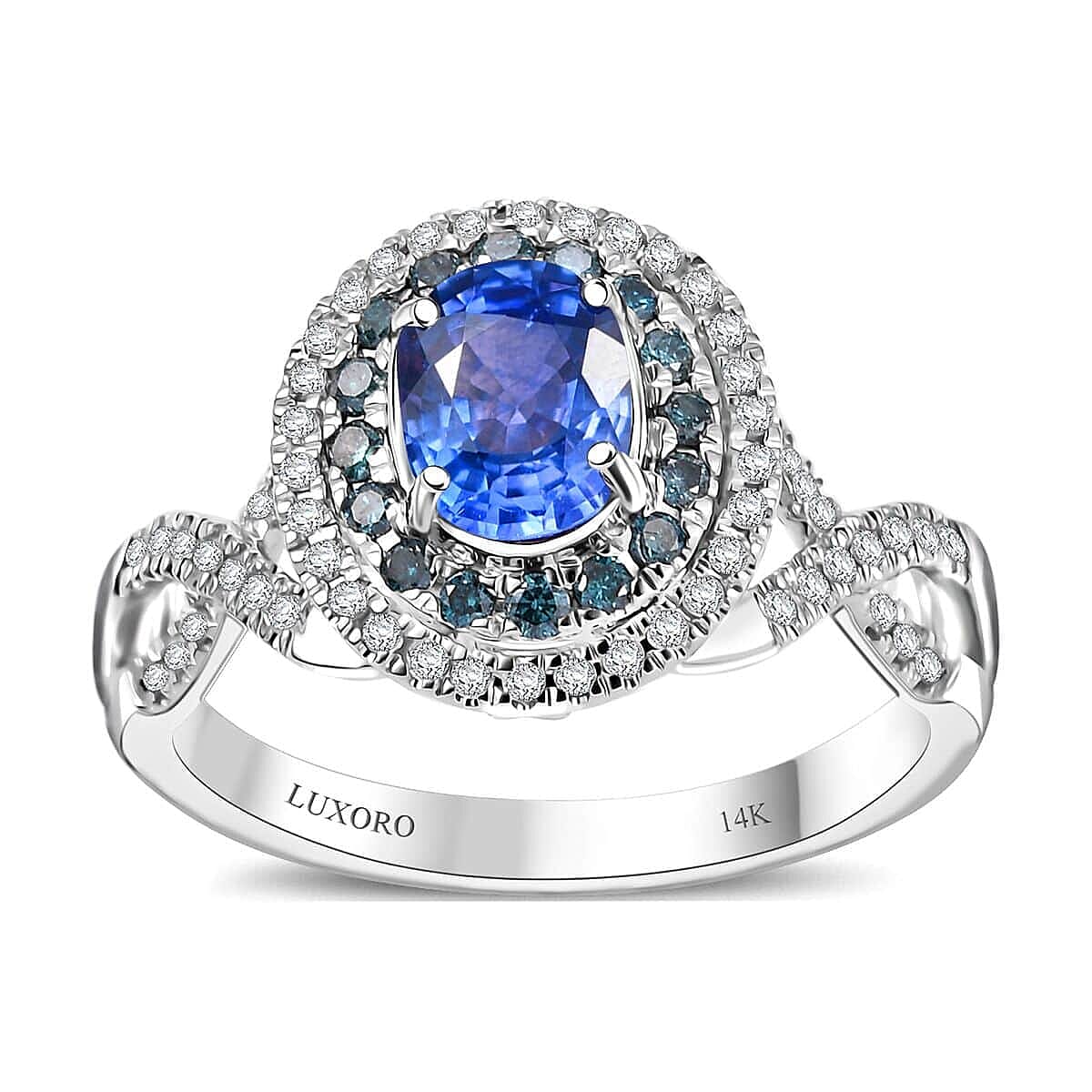 Certified & Appraised Luxoro AAA Ceylon Blue Sapphire, Blue and I2 White Diamond 1.70 ctw Ring in 14K White Gold (Size 8.5) 4.60 Grams image number 0
