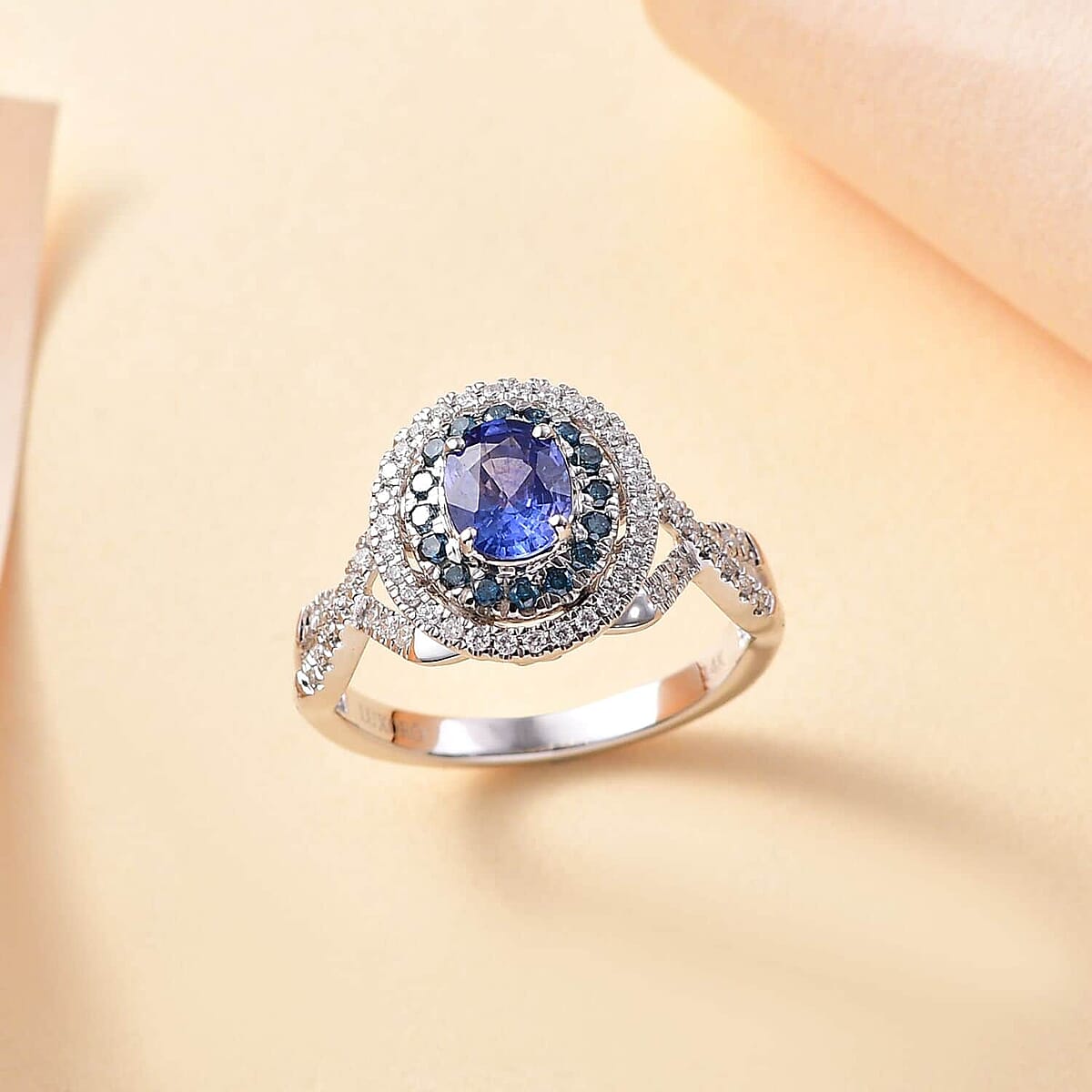 Certified & Appraised Luxoro AAA Ceylon Blue Sapphire, Blue and I2 White Diamond 1.70 ctw Ring in 14K White Gold (Size 8.5) 4.60 Grams image number 1