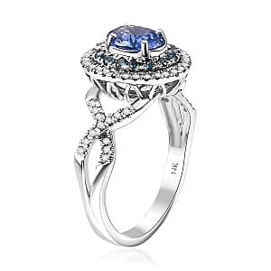 Certified & Appraised Luxoro AAA Ceylon Blue Sapphire, Blue and I2 White Diamond 1.70 ctw Ring in 14K White Gold (Size 11.5) 4.60 Grams