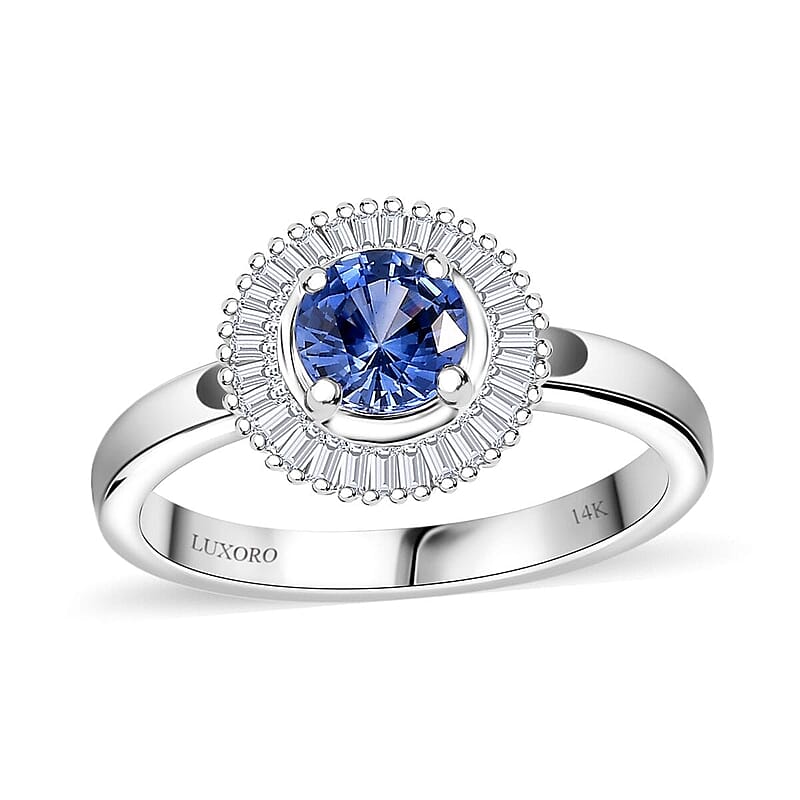 Luxoro AAA Ceylon Blue Sapphire, Diamond Halo Ring in 14K White Gold 1.02 ctw (Size 12.0)