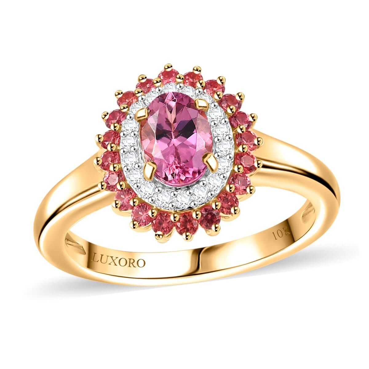 Luxoro Premium Natural Calabar Pink Tourmaline, Padparadscha Sapphire and I2 Diamond 1.35 ctw Crimson Halo Ring in 10K Rose Gold (Size 6.0) image number 0