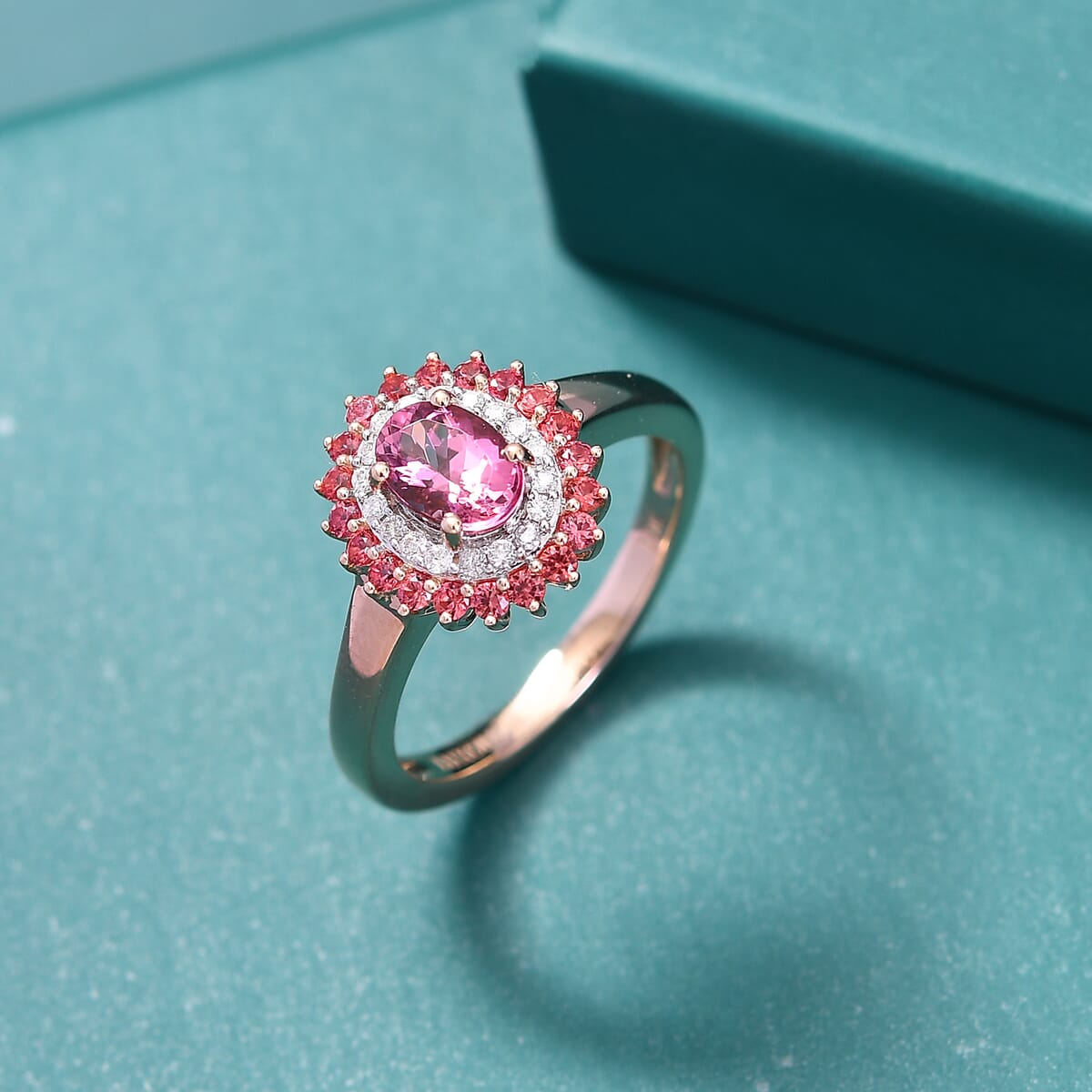 Luxoro Premium Natural Calabar Pink Tourmaline, Padparadscha Sapphire and I2 Diamond 1.35 ctw Crimson Halo Ring in 10K Rose Gold (Size 7.0) image number 1