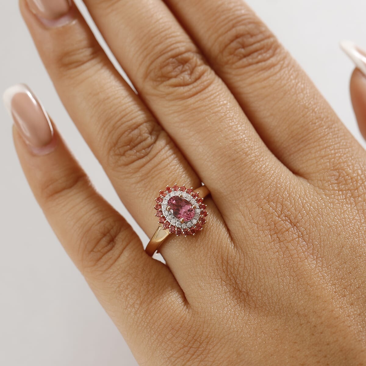 Luxoro Premium Natural Calabar Pink Tourmaline, Padparadscha Sapphire and I2 Diamond 1.35 ctw Crimson Halo Ring in 10K Rose Gold (Size 7.0) image number 2