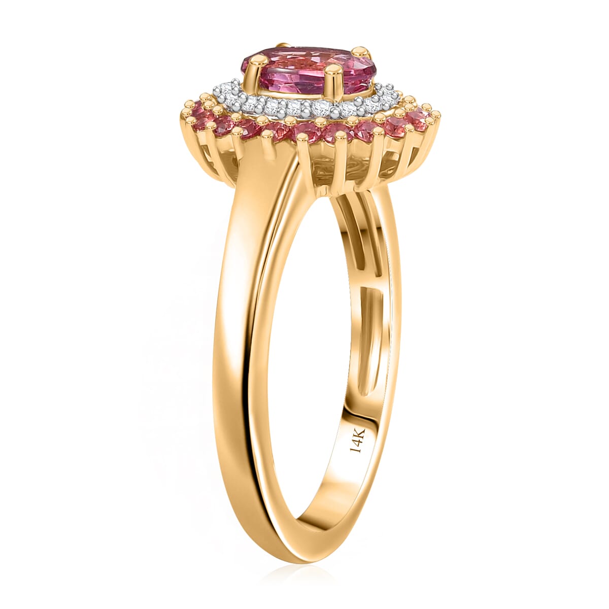 Luxoro Premium Natural Calabar Pink Tourmaline, Padparadscha Sapphire and I2 Diamond 1.35 ctw Crimson Halo Ring in 10K Rose Gold (Size 7.0) image number 3