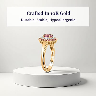 Luxoro Premium Natural Calabar Pink Tourmaline, Padparadscha Sapphire and I2 Diamond 1.35 ctw Crimson Halo Ring in 10K Rose Gold (Size 7.0)