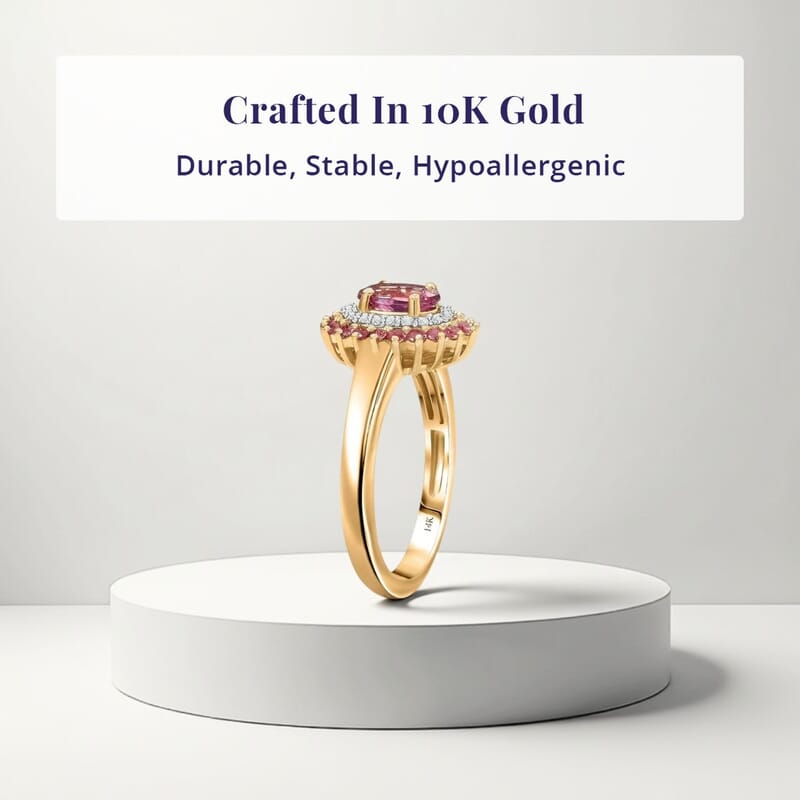 Luxoro Premium Natural Calabar Pink Tourmaline, Padparadscha Sapphire and I2 Diamond 1.35 ctw Crimson Halo Ring in 10K Rose Gold (Size 7.0)