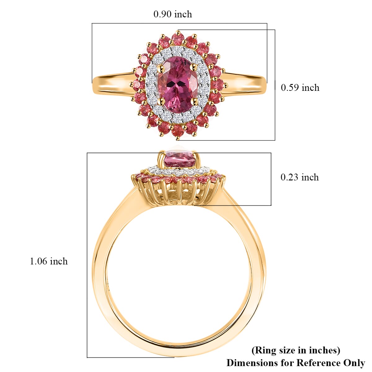 Luxoro Premium Natural Calabar Pink Tourmaline, Padparadscha Sapphire and I2 Diamond 1.35 ctw Crimson Halo Ring in 10K Rose Gold (Size 7.0) image number 5