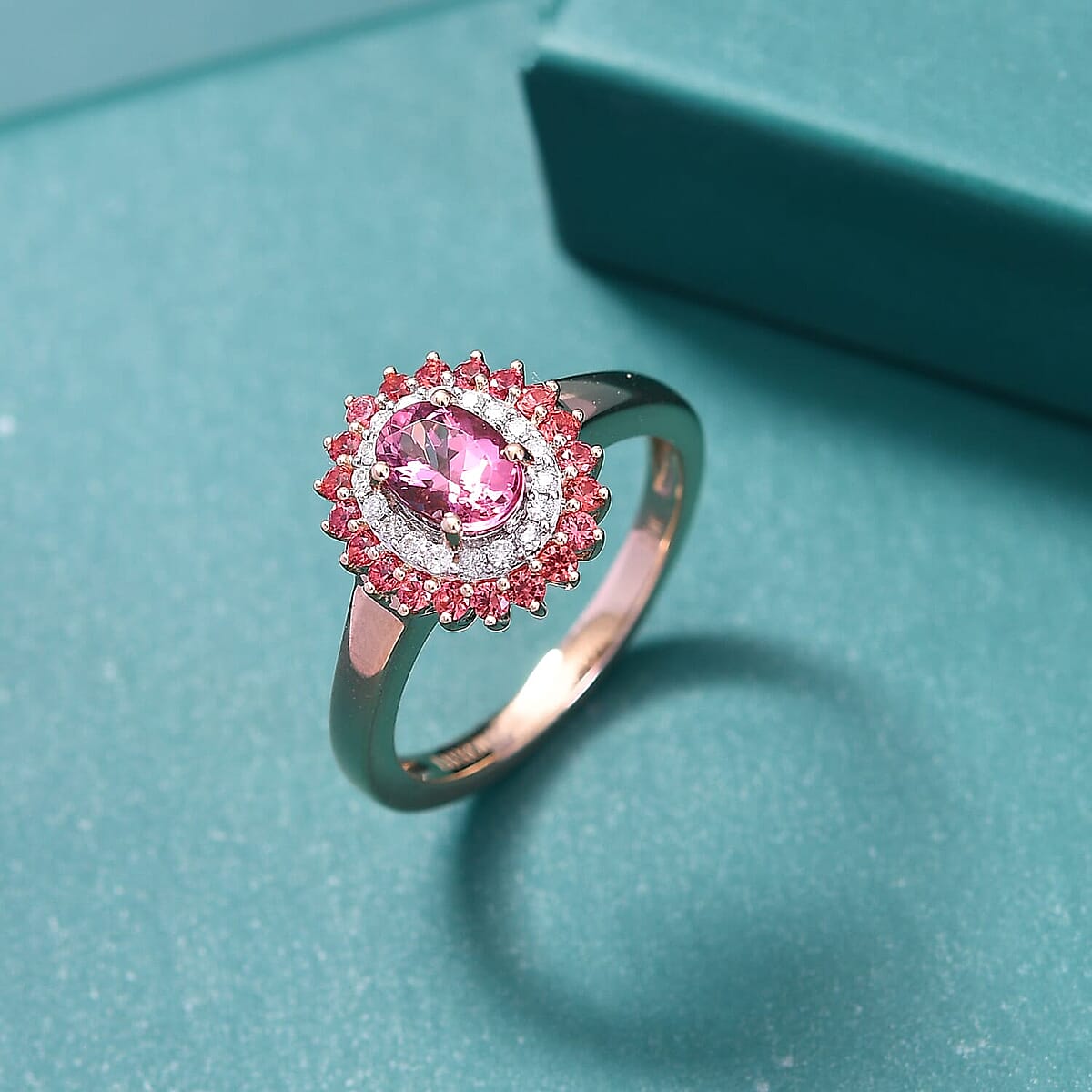 Luxoro 10K Rose Gold Premium Pink Calabar Tourmaline, Padparadscha Sapphire and White Diamond (I2) (0.10) Ring (Size 7.5) 1.35 ctw image number 1