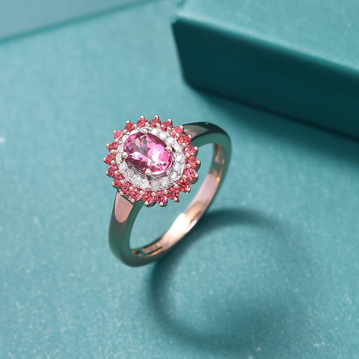 Luxoro 10K Rose Gold Premium Pink Calabar Tourmaline, Padparadscha Sapphire and White Diamond (I2) (0.10) Ring (Size 8.5) 1.35 ctw image number 1