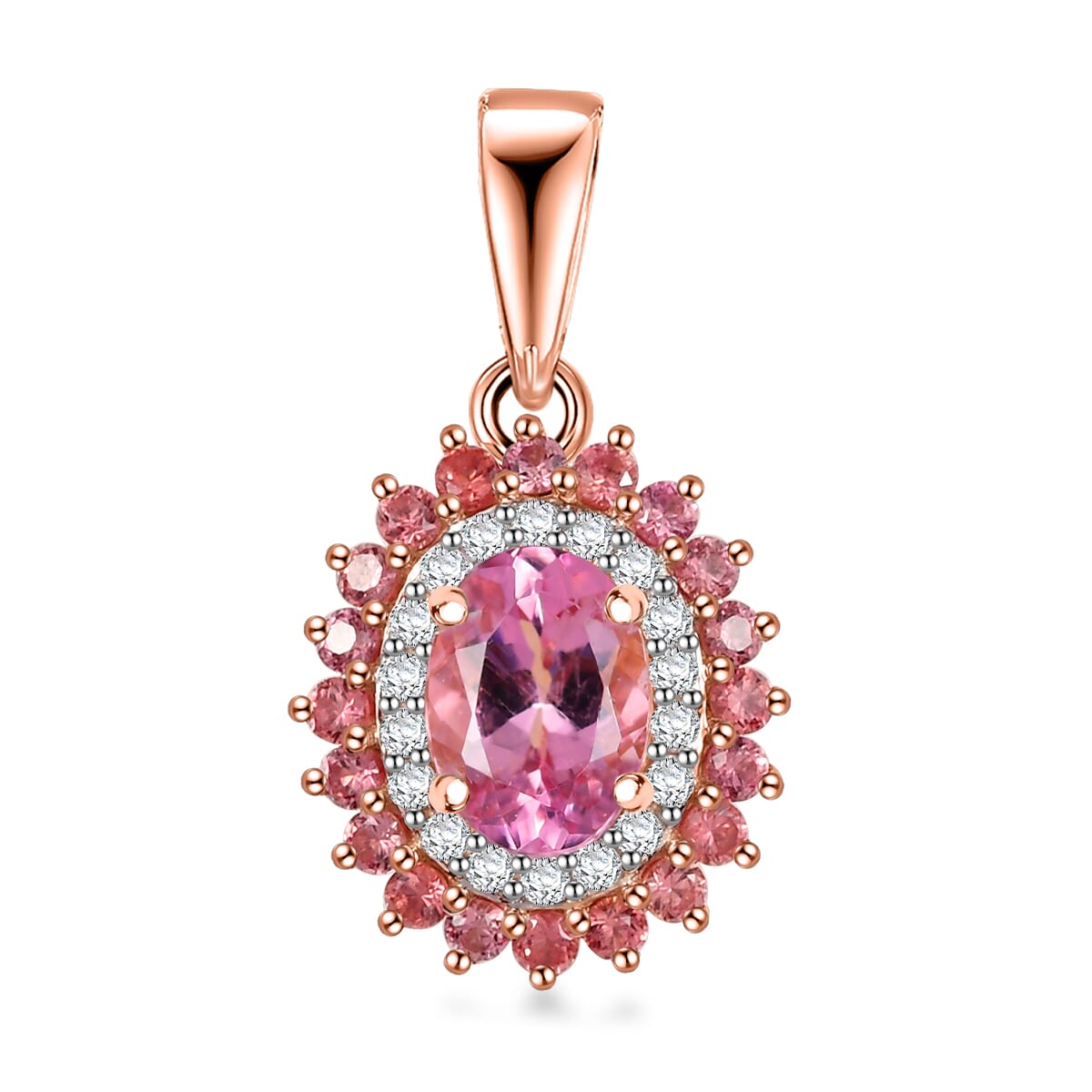 Luxoro Premium Natural Calabar Pink Tourmaline, Padparadscha Sapphire and I2 Diamond 1.65 ctw Crimson Halo Pendant without Chain in 10K Rose Gold image number 0