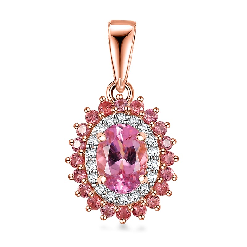Luxoro Premium Natural Calabar Pink Tourmaline, Padparadscha Sapphire and I2 Diamond 1.65 ctw Crimson Halo Pendant without Chain in 10K Rose Gold