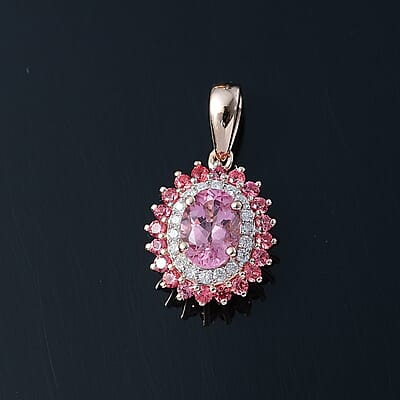 Luxoro Premium Natural Calabar Pink Tourmaline, Padparadscha Sapphire and I2 Diamond 1.65 ctw Crimson Halo Pendant without Chain in 10K Rose Gold