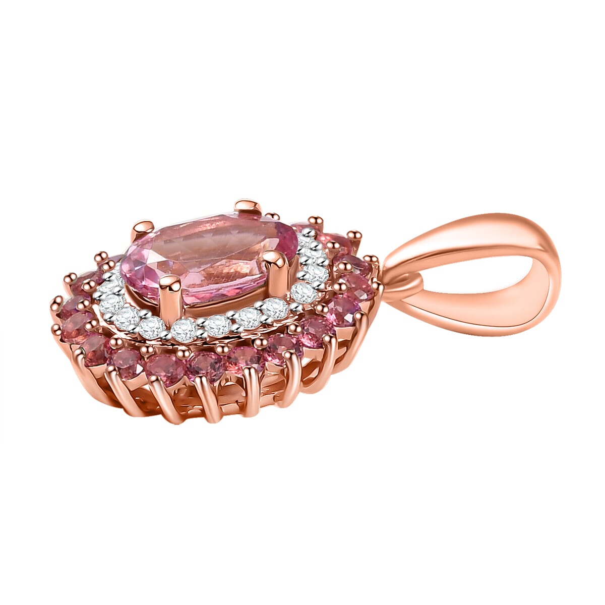 Luxoro Premium Natural Calabar Pink Tourmaline, Padparadscha Sapphire and I2 Diamond 1.65 ctw Crimson Halo Pendant without Chain in 10K Rose Gold image number 3