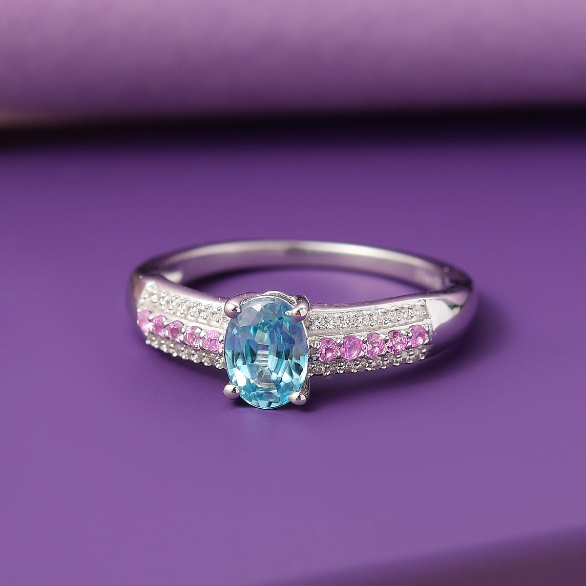 D'Joy Cambodian Blue Zircon and Multi Gemstone 1.25 ctw Ring in Rhodium Over Sterling Silver (Size 7.0) image number 1