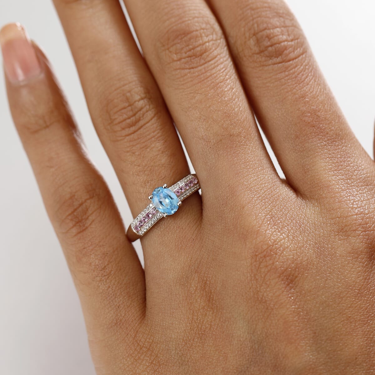 D'Joy Cambodian Blue Zircon and Multi Gemstone 1.25 ctw Ring in Rhodium Over Sterling Silver (Size 7.0) image number 2