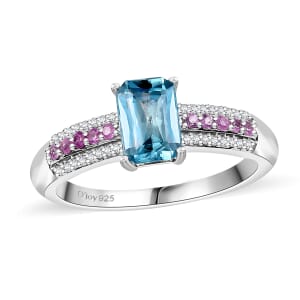 D'Joy Cambodian Blue Zircon and Multi Gemstone 1.80 ctw Ring in Rhodium Over Sterling Silver (Size 7.0)
