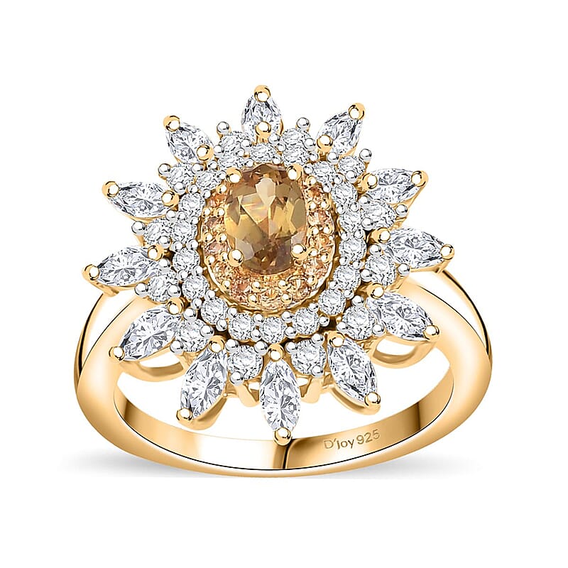 D'Joy Premium Golden Turkizite and Multi Gemstone 2.50 ctw Sunflower Halo Ring in 18K Vermeil Yellow Gold Over Sterling Silver (Size 10.0)