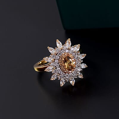 D'Joy Premium Golden Turkizite and Multi Gemstone 2.50 ctw Sunflower Halo Ring in 18K Vermeil Yellow Gold Over Sterling Silver (Size 10.0)