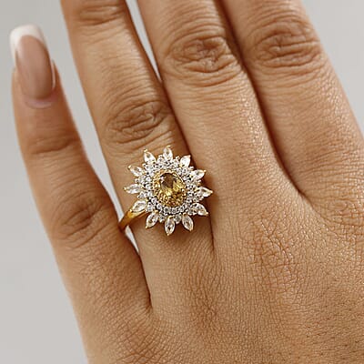 D'Joy Premium Golden Turkizite and Multi Gemstone 2.50 ctw Sunflower Halo Ring in 18K Vermeil Yellow Gold Over Sterling Silver (Size 10.0)