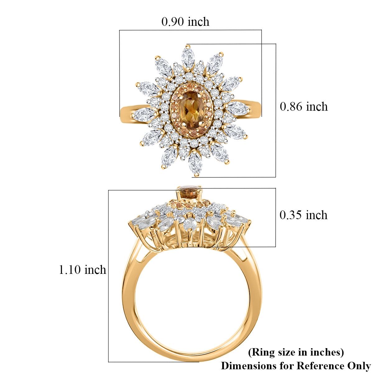 D'Joy Premium Golden Turkizite and Multi Gemstone 2.50 ctw Sunflower Halo Ring in 18K Vermeil Yellow Gold Over Sterling Silver (Size 9.0) image number 5