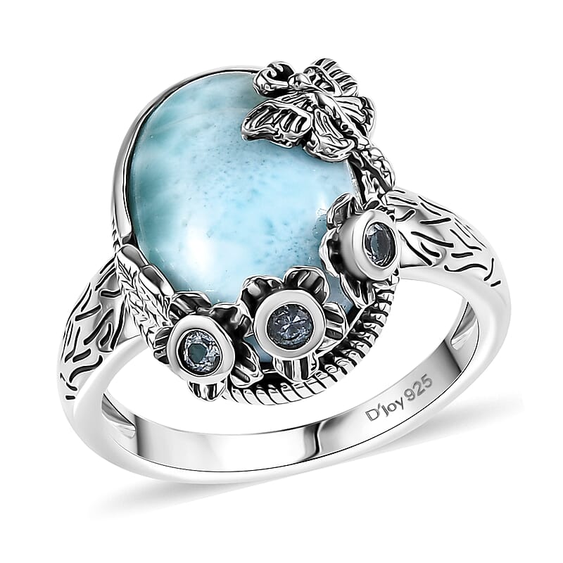 D'Joy Artisan Crafted Premium Larimar and Sky Blue Topaz 7.00 ctw Fancy Ring in Black Oxidized Sterling Silver (Size 10.0)