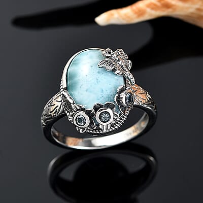 D'Joy Artisan Crafted Premium Larimar and Sky Blue Topaz 7.00 ctw Fancy Ring in Black Oxidized Sterling Silver (Size 10.0)