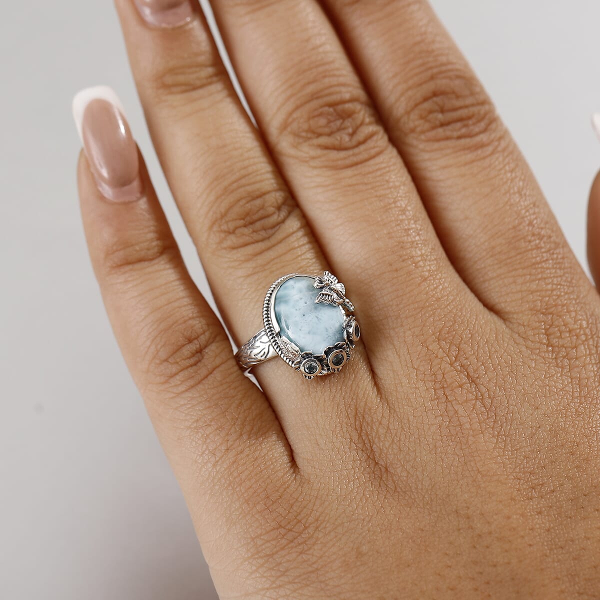 D'Joy Artisan Crafted Premium Larimar and Sky Blue Topaz 7.00 ctw Fancy Ring in Black Oxidied Sterling Silver (Size 9.0) image number 2